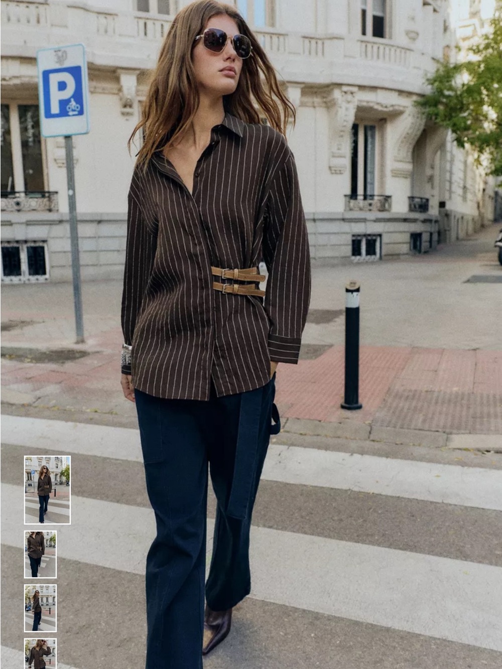 Zara Striped Brown Button-Up Shirt with Tan Buckle Details Size Medium